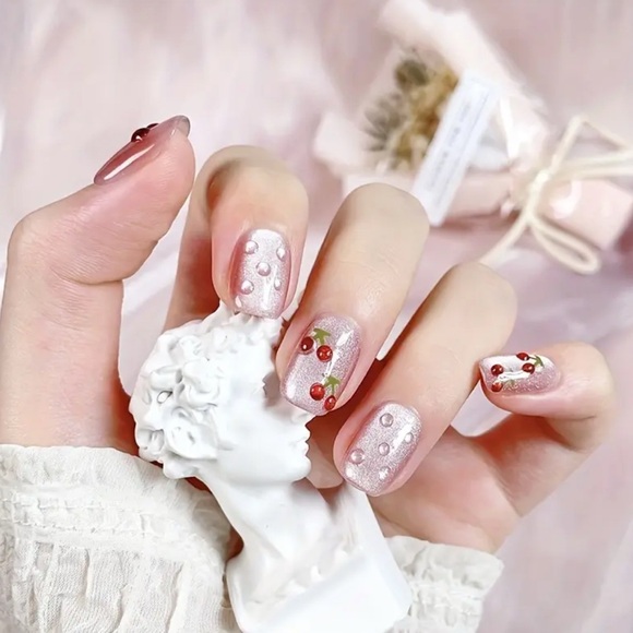 Cherry 3D Press On Nails handmade reusable 10 pc short length cat eye glossy NWT - Picture 4 of 9